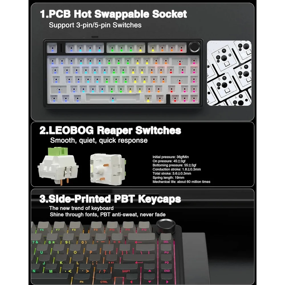 AULA F75 3 IN 1 RGB GAMING MECHANICAL HOT SWAPPABLE KEYBOARD